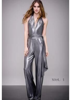 Maslavi Jovani Silver Metallic Jumpsuit Wide Leg Halter Plunging Backless NEW 6
